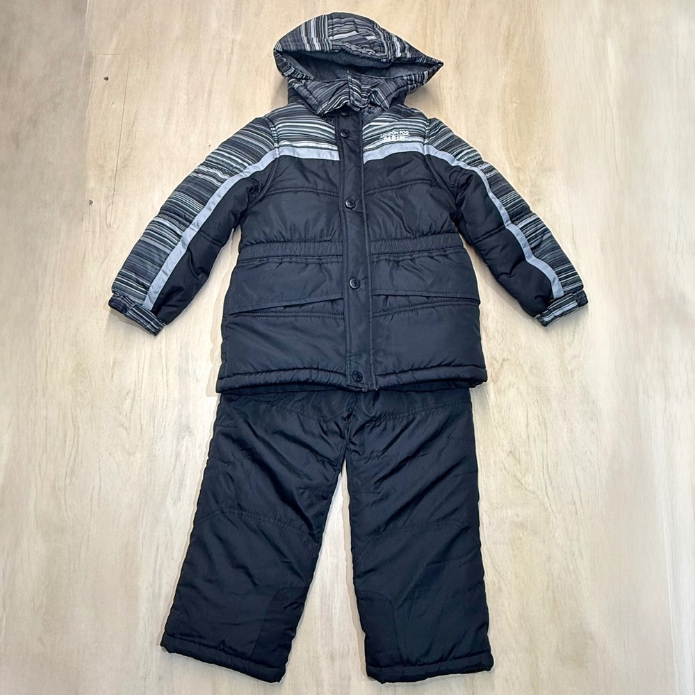 London Fog Kids Black Striped‎ Puffer Jacket Snow Pants Set Size 7 Top 5/6 Pant
